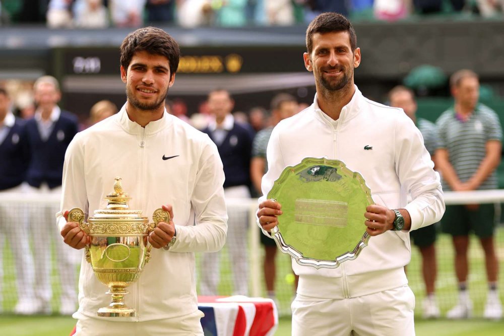 Alcaraz thắng Djokovic ở chung kết Wimbledon 2023. Ảnh: Wimbledon